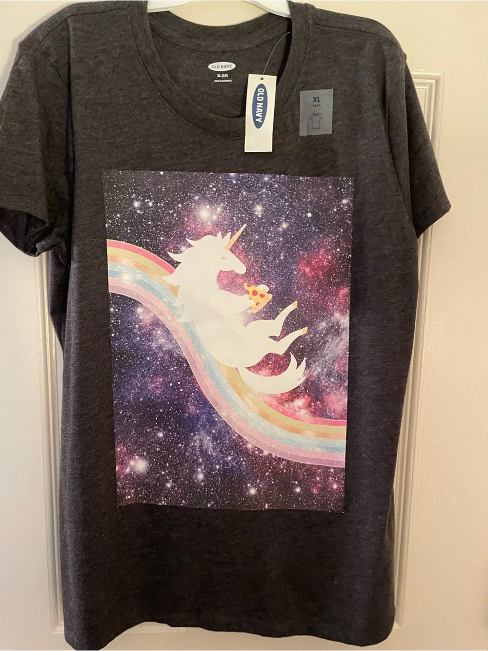 Old Navy Dark Gray Girls' Unicorn Rainbow Graphic Tee NWT sz 14